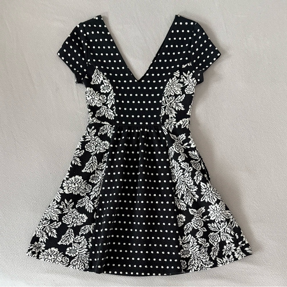 Anthropologie Maeve Black and White Polka Dot and Floral Jacquard Midi Dress